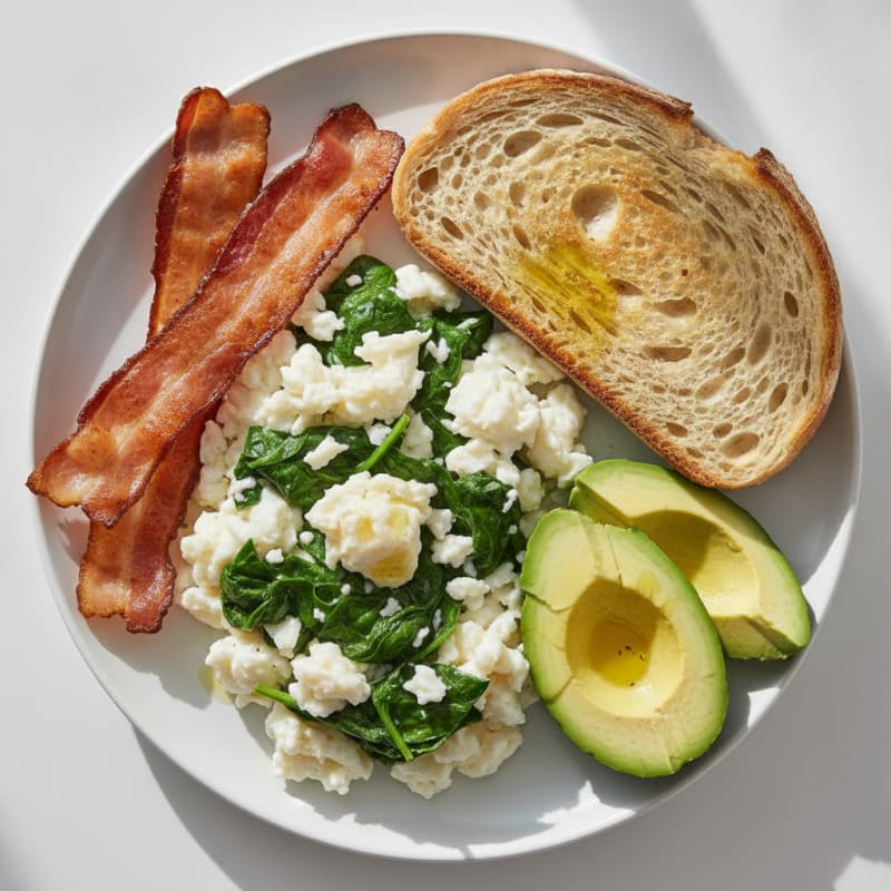 Scrambled Egg Whites with Sautéed Spinach and Turkey Bacon