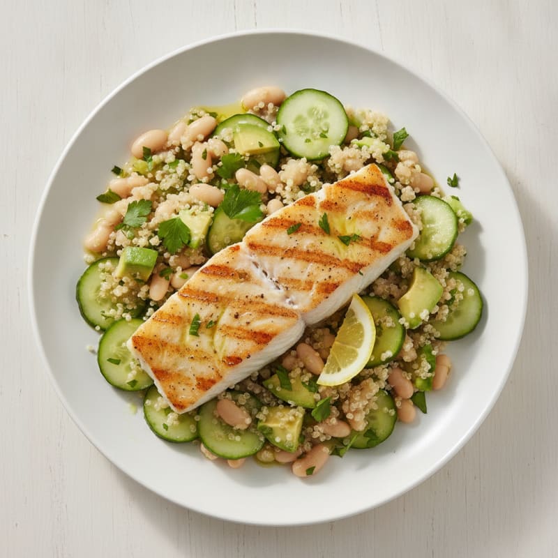 Grilled Fish and Bean Salad with Cucumber and Quinoa