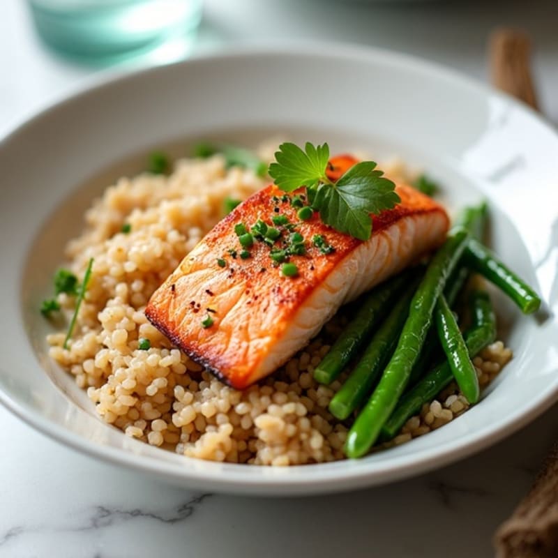Seared Salmon Fillet with Garlic Green Beans and Brown Rice