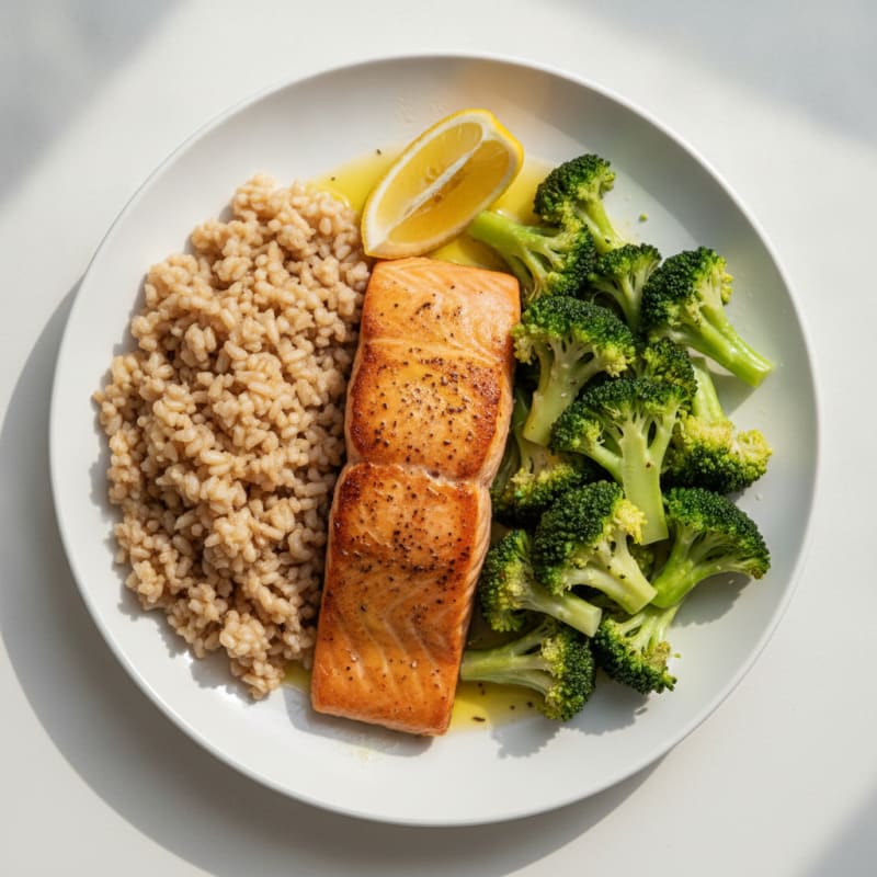 Seared Salmon with Steamed Broccoli and Brown Rice