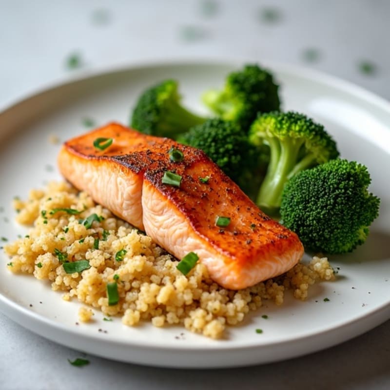 Seared Salmon Filet with Roasted Broccoli and Quinoa
