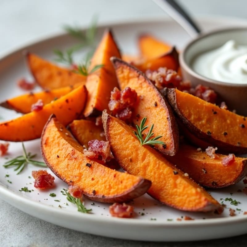Crispy Sweet Potato Wedges with Turkey Bacon Crumbles