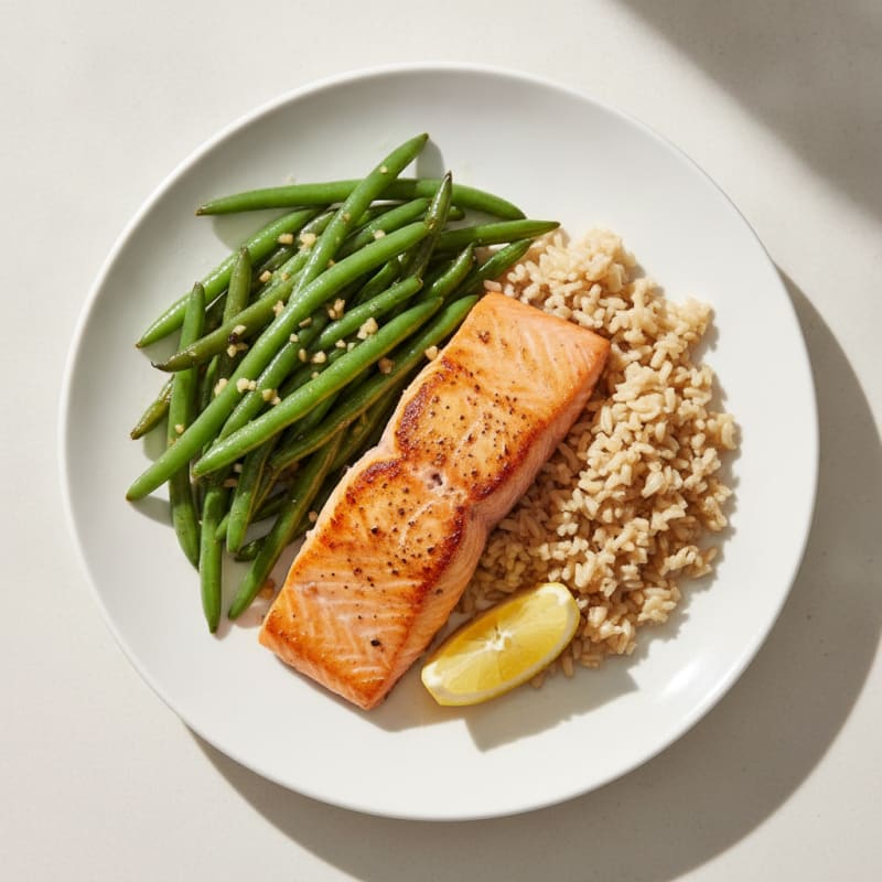 Seared Salmon with Garlic Green Beans and Brown Rice
