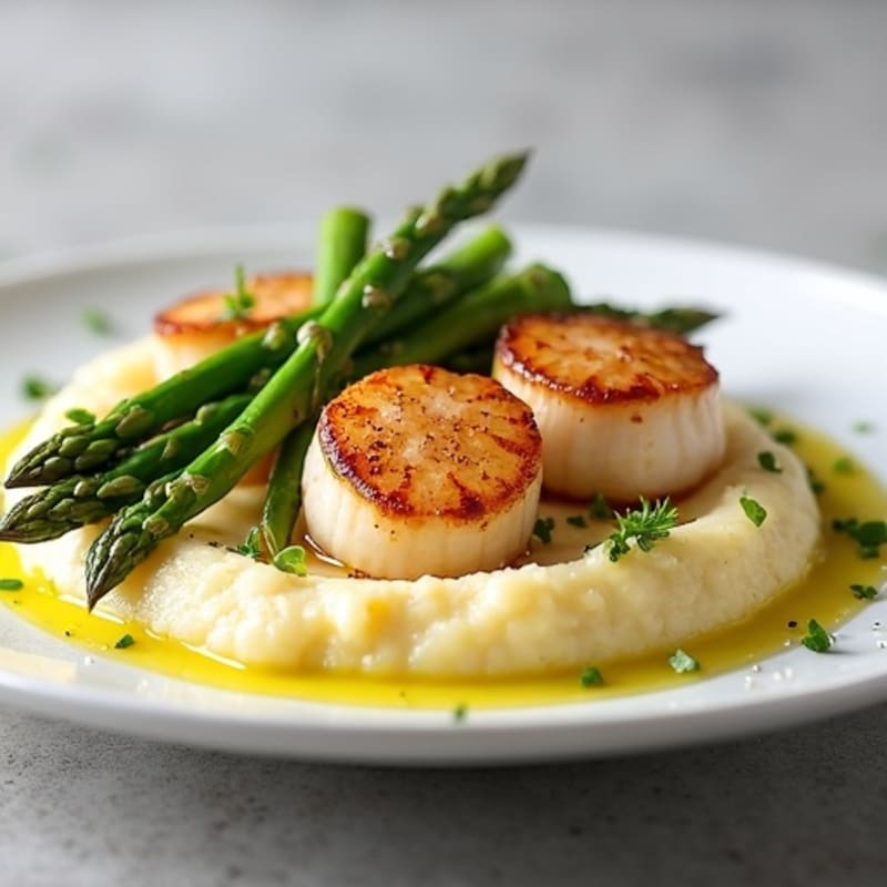 Pan-Seared Scallops with Lemon-Garlic Asparagus and Creamy Cauliflower Puree