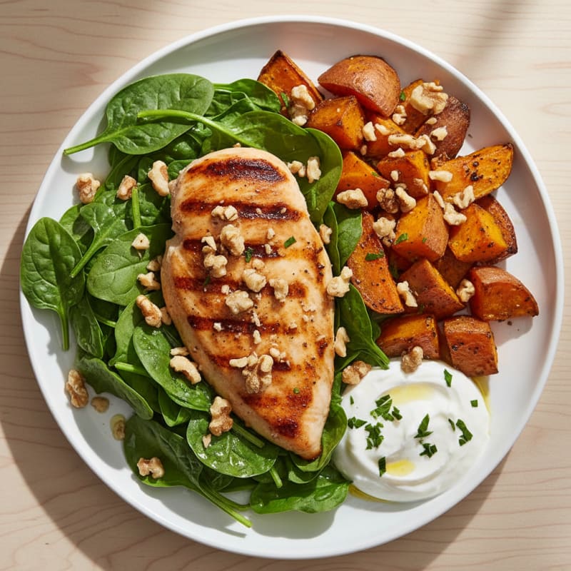 Grilled Chicken Breast with Spinach and Roasted Sweet Potato