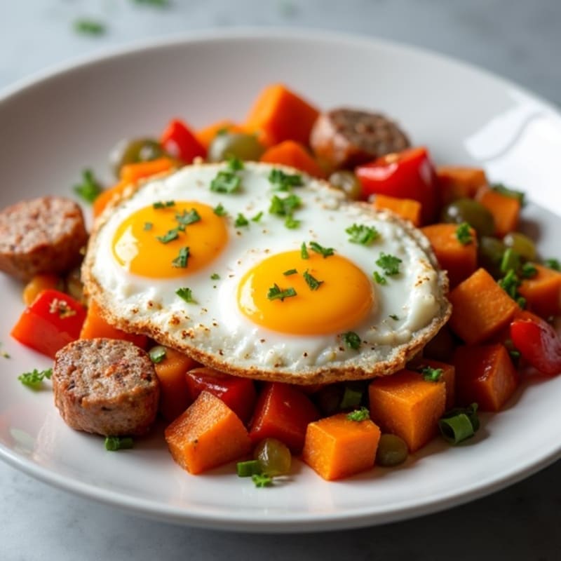 Crispy Sweet Potato and Chicken Sausage Skillet with Baked Eggs