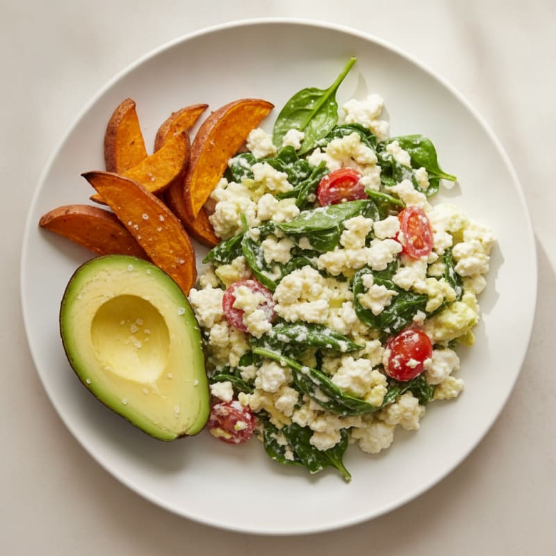 Cottage Cheese Egg White Scramble with Spinach and Tomatoes