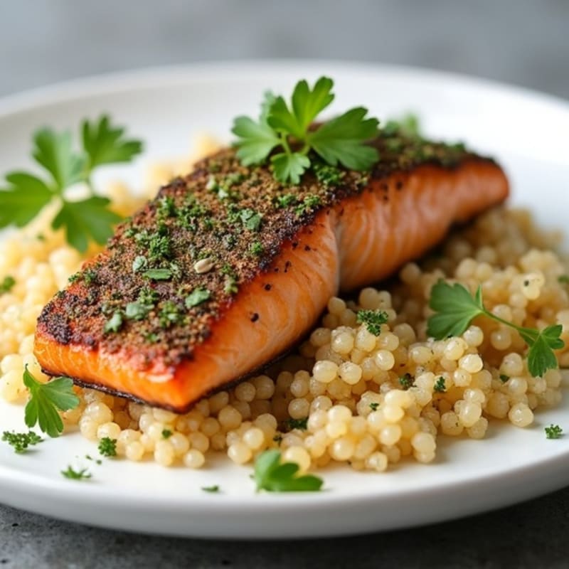 Herb-Crusted Pan Seared Salmon with Garlic Quinoa
