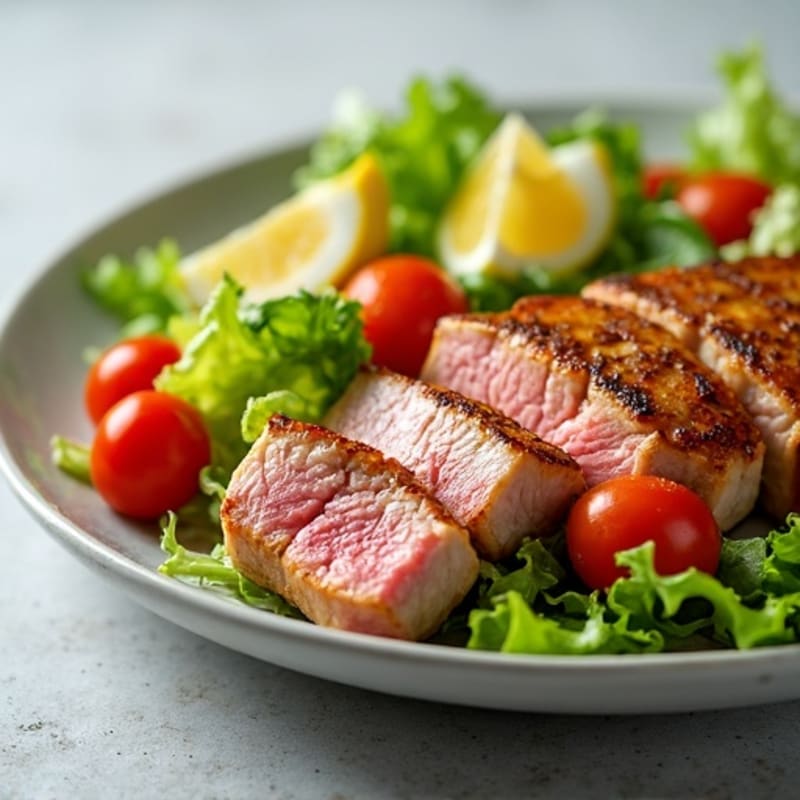 Seared Tuna Steak Salad with Crisp Romaine and Cherry Tomatoes