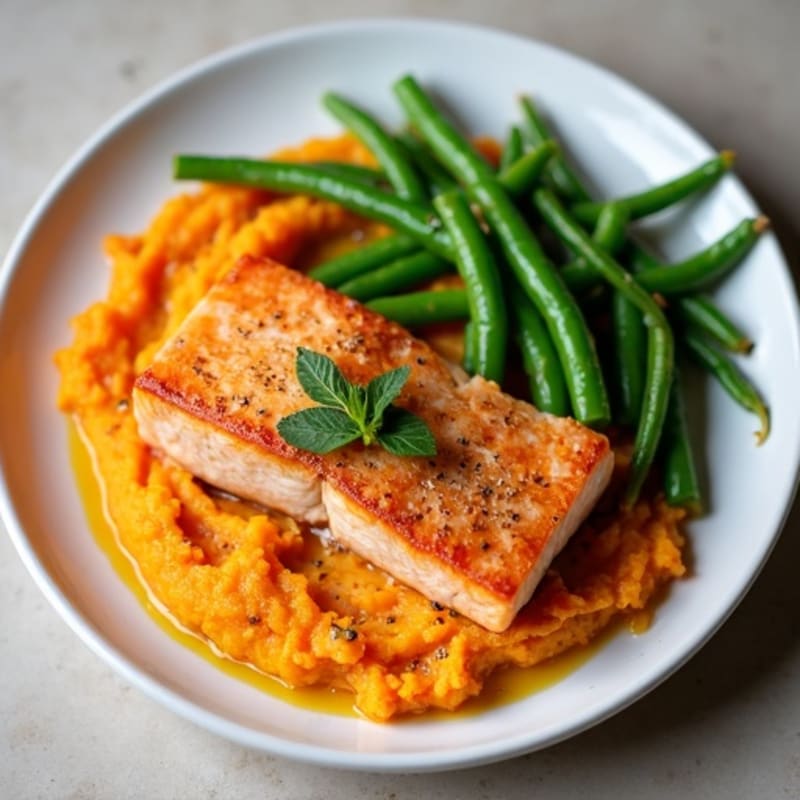 Seared Salmon Fillet with Steamed Green Beans and Sweet Potato Mash