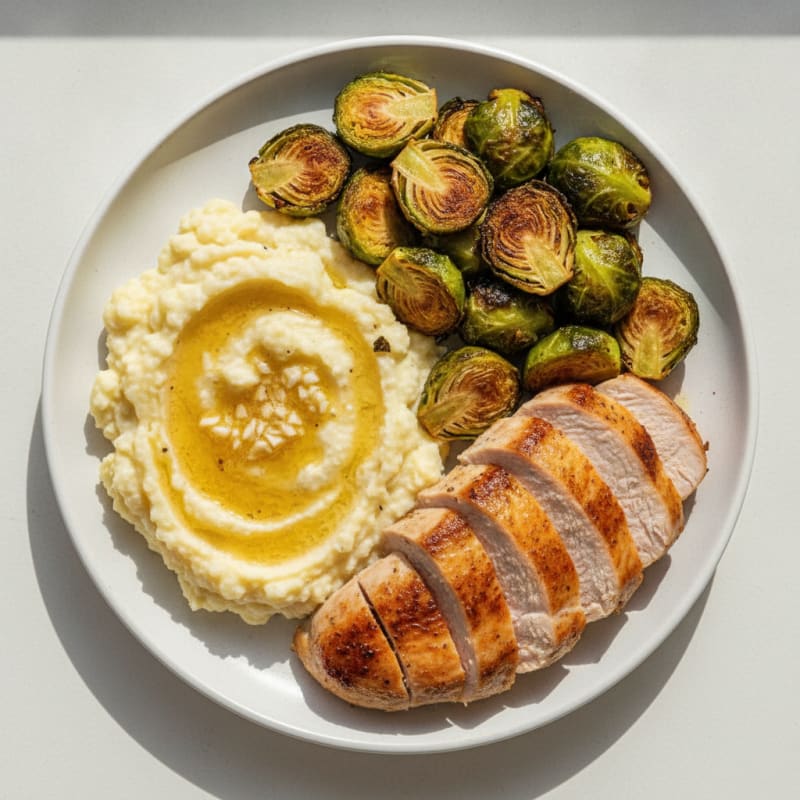 Seared Turkey Breast with Roasted Brussels Sprouts and Cauliflower Mash