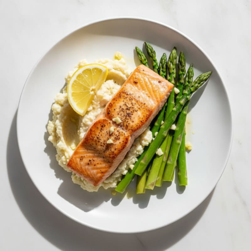 Seared Salmon with Steamed Asparagus and Cauliflower Mash