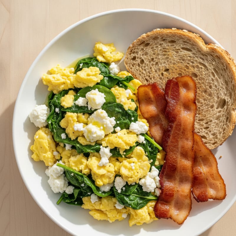 Cottage Cheese Scramble with Spinach and Seared Turkey Bacon