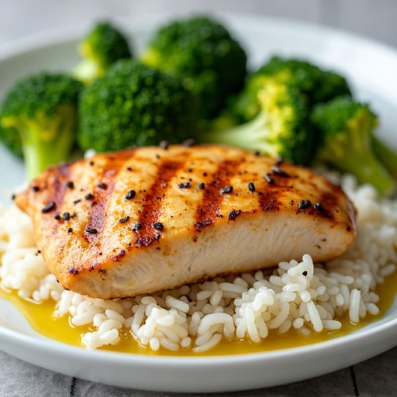 Grilled Chicken Breast with Steamed Rice and Broccoli