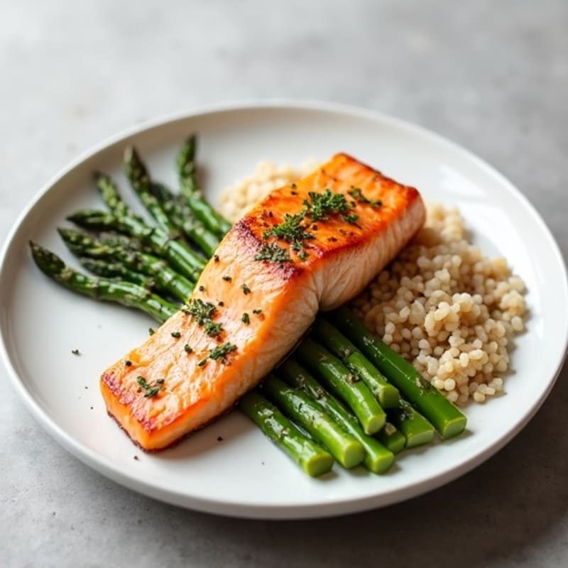 Seared Salmon Fillet with Steamed Asparagus and Brown Rice