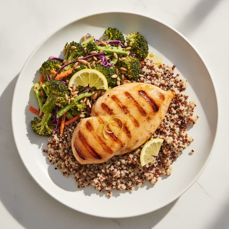 Grilled Chicken Breast with Quinoa and Crunchy Broccoli Slaw