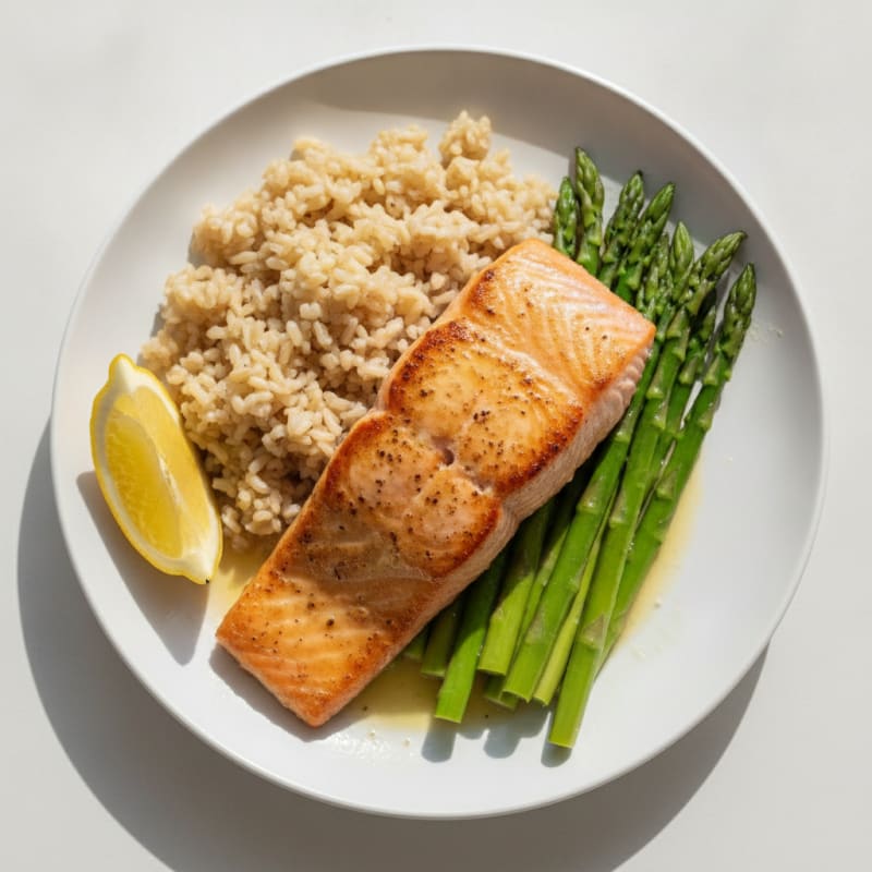 Seared Salmon Fillet with Steamed Asparagus and Brown Rice