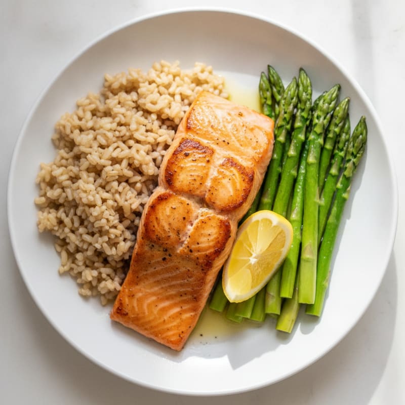 Seared Salmon with Steamed Asparagus and Brown Rice