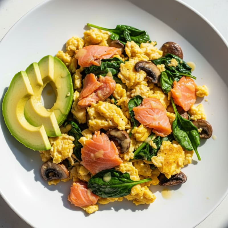 Smoked Salmon Scramble with Spinach and Mushrooms