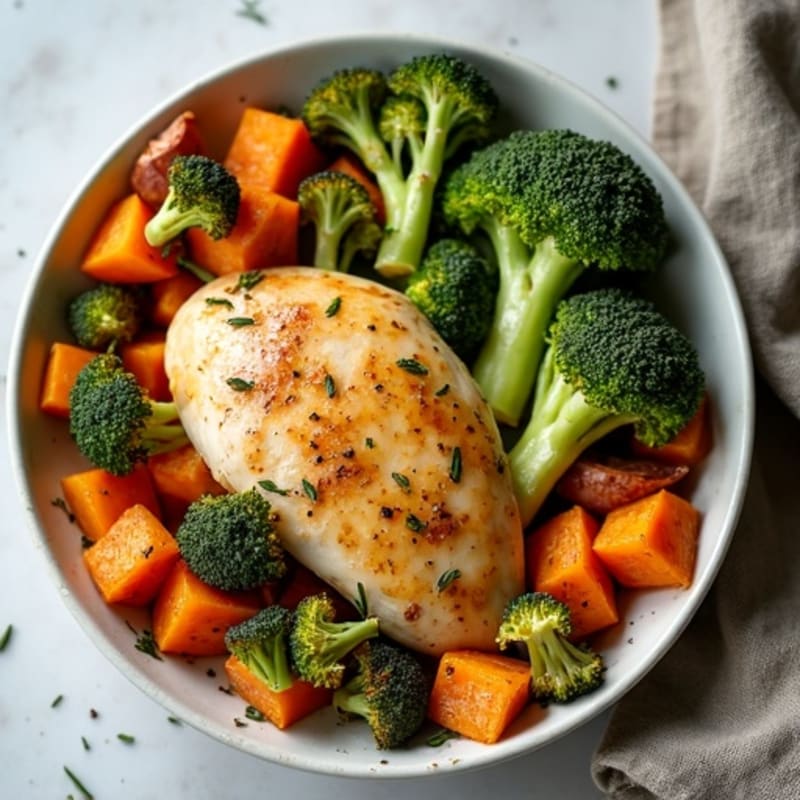 Sheet Pan Lemon Herb Roasted Chicken and Crispy Broccoli with Sweet Potatoes