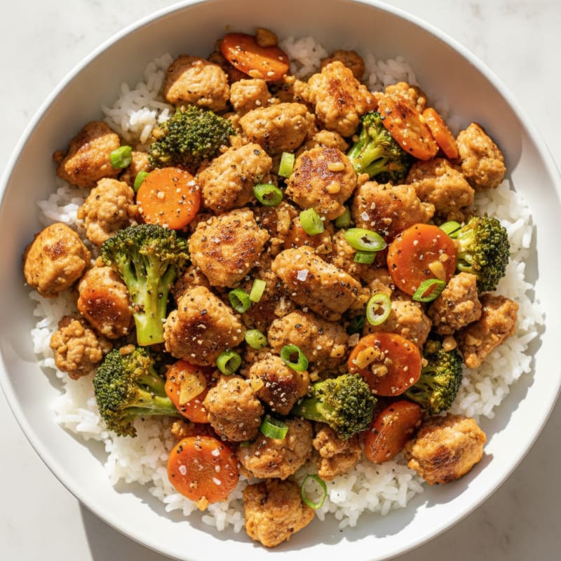 Ginger-Garlic Ground Chicken and Vegetable Rice Bowl