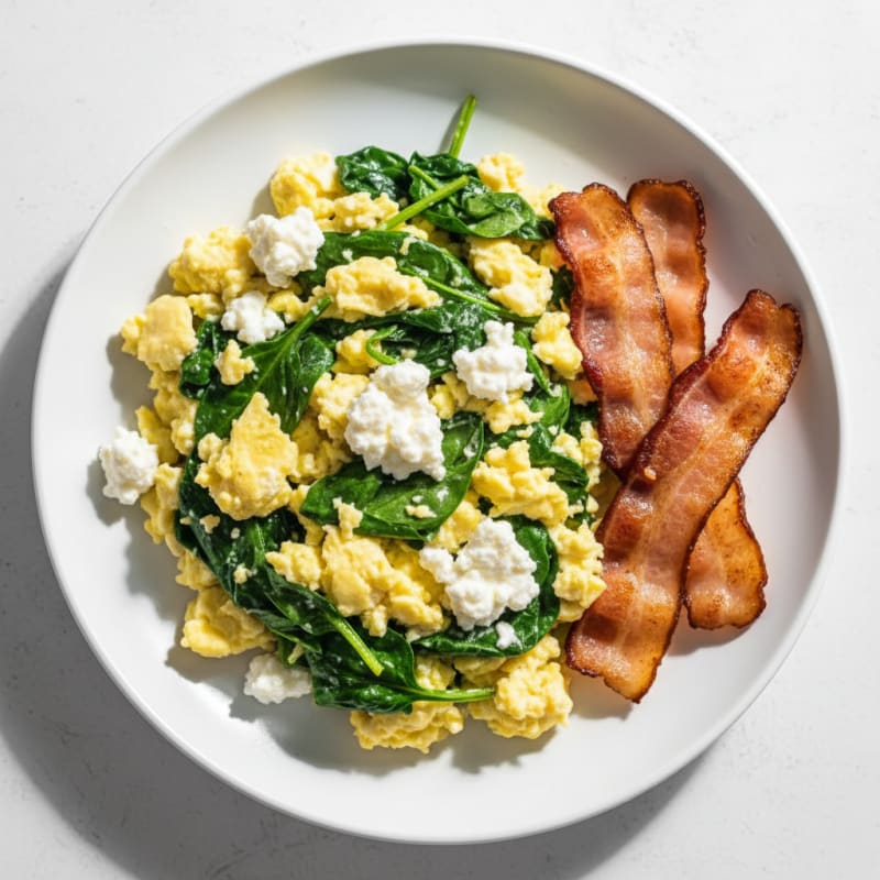 Cottage Cheese Egg Scramble with Spinach and Turkey Bacon