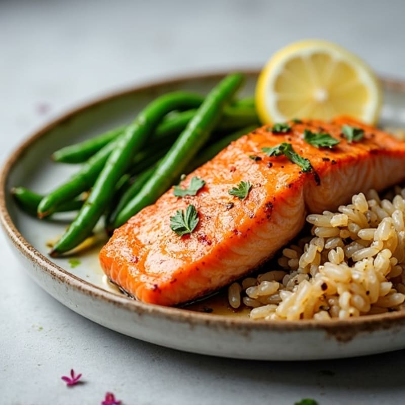 Seared Salmon Fillet with Steamed Green Beans and Brown Rice
