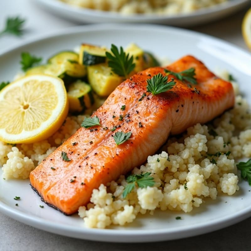 Seared Salmon with Herbed Cauliflower Rice and Roasted Zucchini