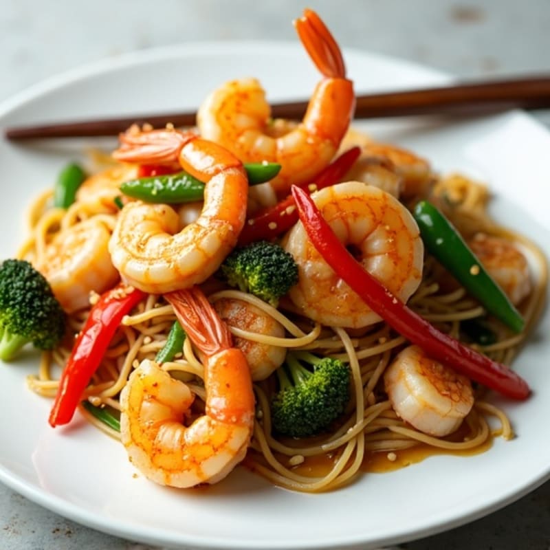 Shrimp Stir-Fry with Tangy Peanut Noodles and Crisp Vegetables