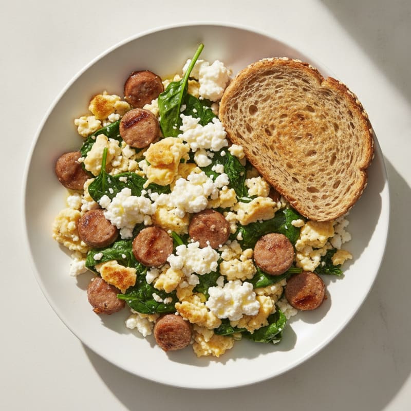 Egg White and Turkey Sausage Scramble with Spinach and Cottage Cheese