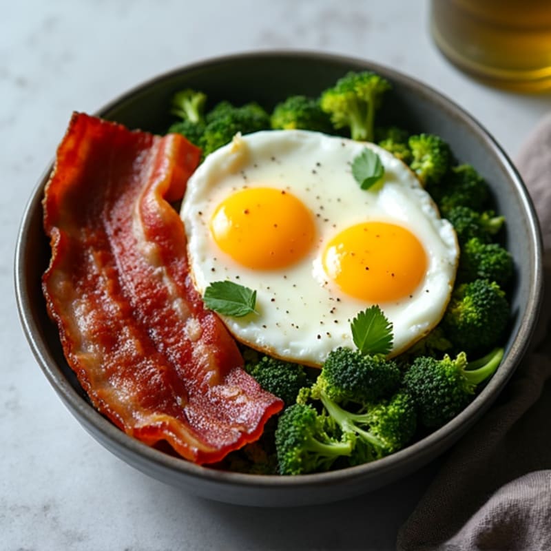 Crispy Turkey Bacon Breakfast Bowl with Jammy Eggs and Roasted Broccoli