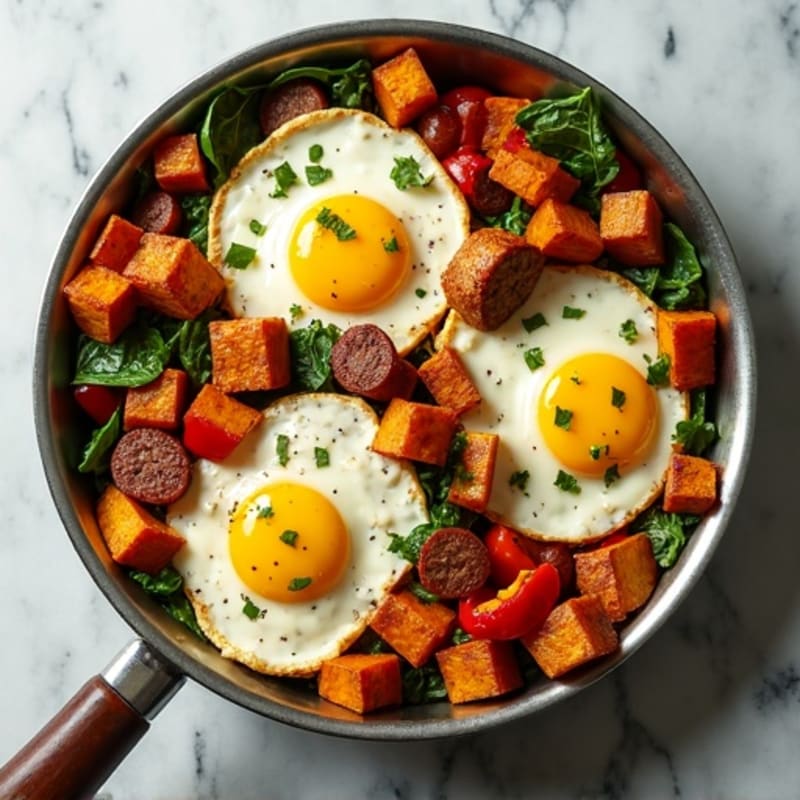Lean Chicken Sausage and Egg Scramble Skillet with Crispy Sweet Potatoes