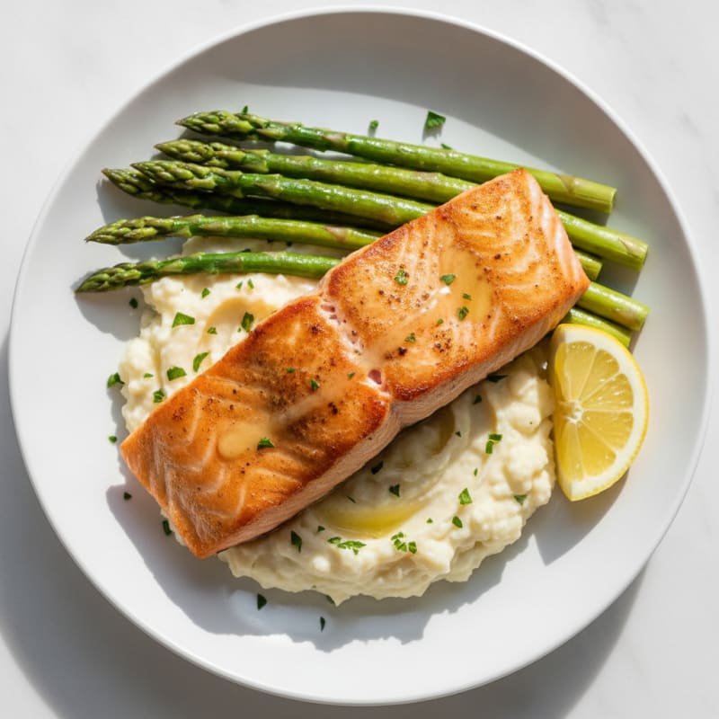 Seared Salmon with Steamed Asparagus and Garlic Mashed Cauliflower