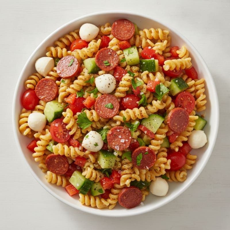 Pepperoni Mozzarella Pasta Salad with Italian Dressing