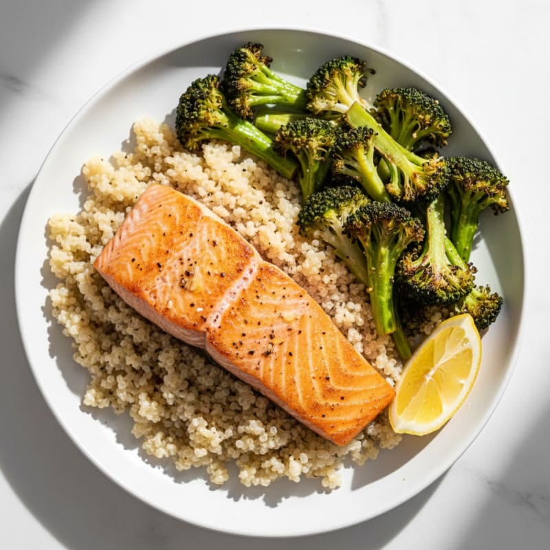 Seared Salmon Fillet with Roasted Broccoli and Quinoa