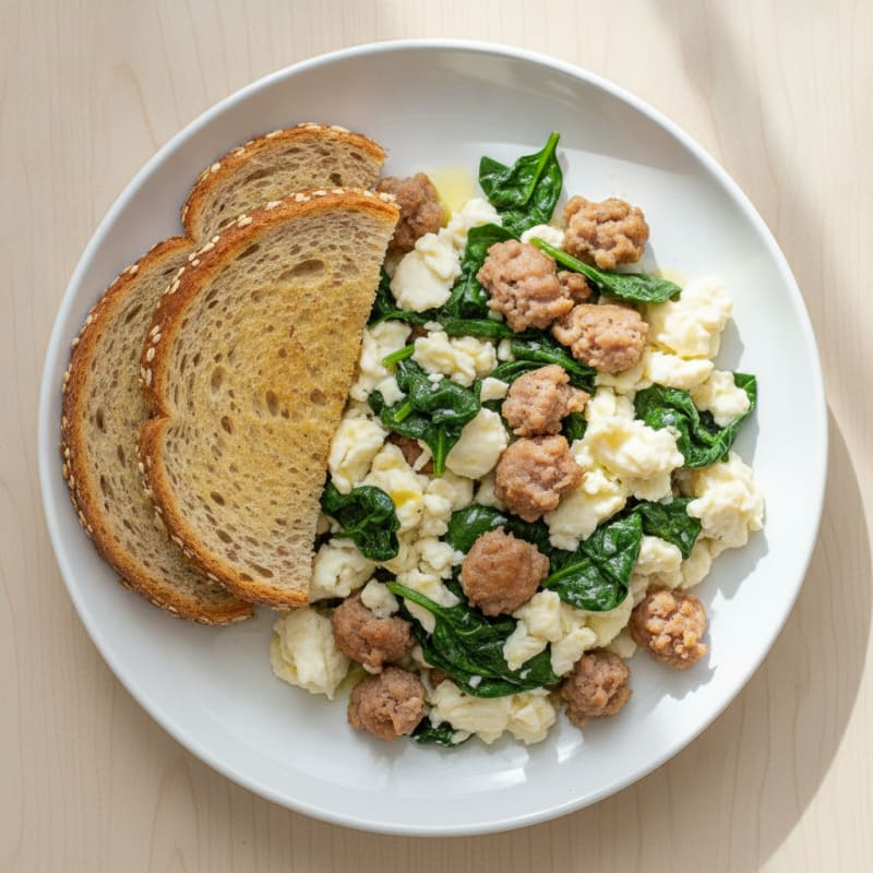 Scrambled Egg Whites with Turkey Sausage and Sautéed Spinach