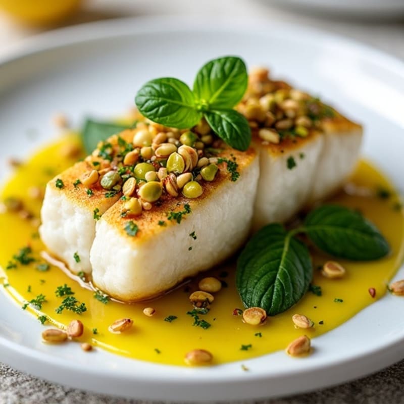 Pan-Seared Halibut with Pistachio-Herb Crust and Bright Lemon Drizzle