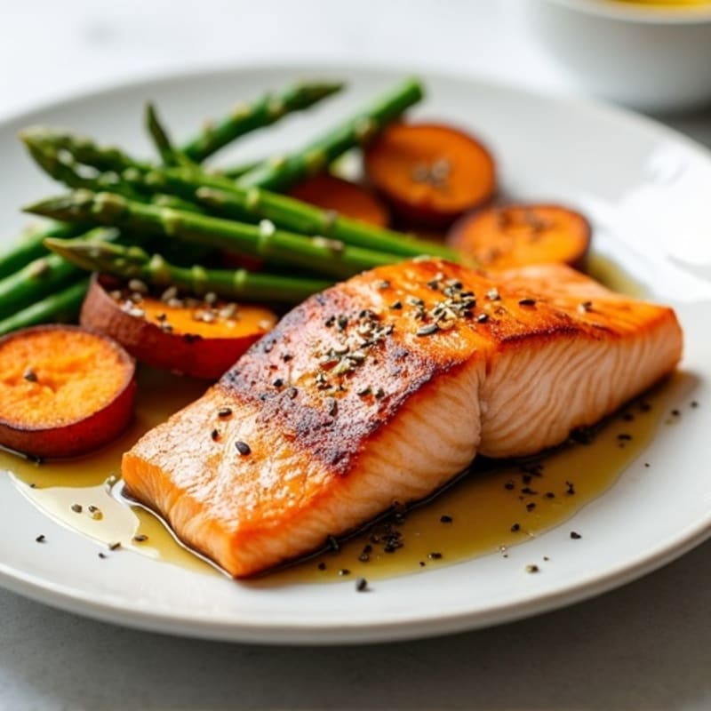 Seared Salmon with Roasted Sweet Potato and Asparagus