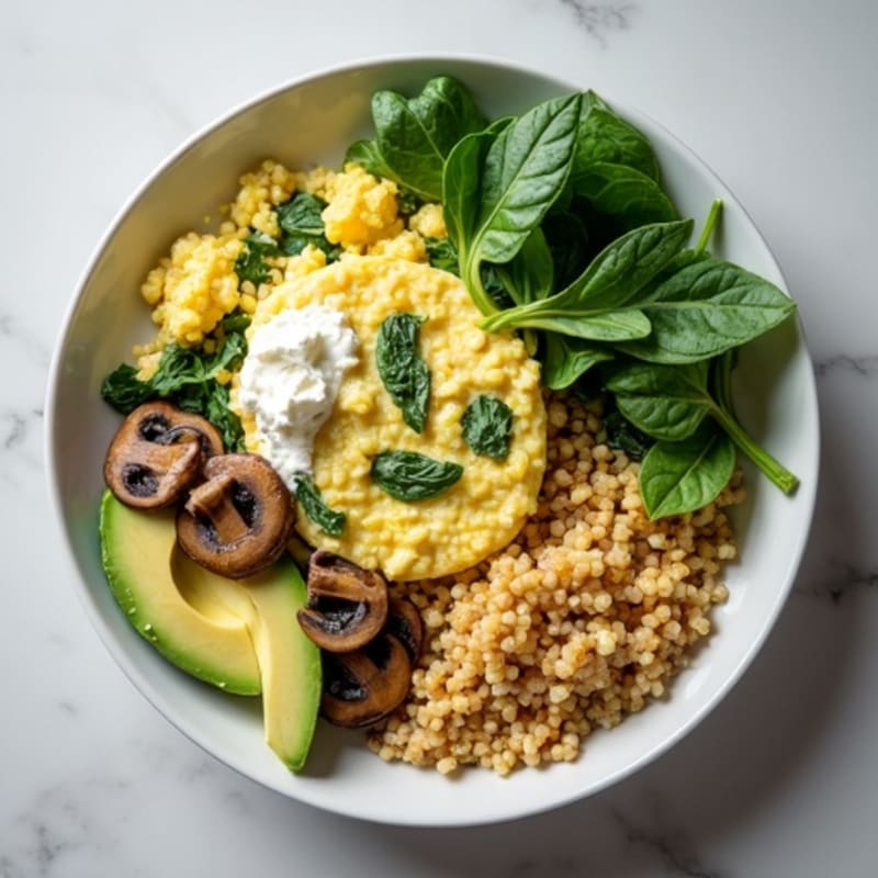 Egg White and Spinach Scramble with Cottage Cheese and Sautéed Mushrooms
