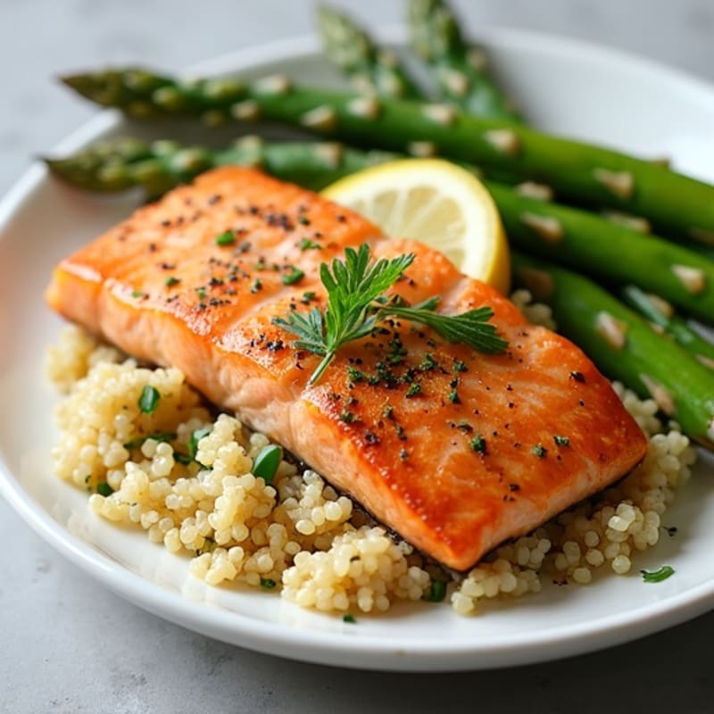 Flaky Baked Salmon with Lemon-Herb Roasted Asparagus and Creamy Quinoa