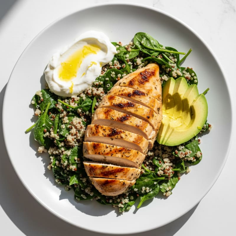 Grilled Chicken Breast with Creamy Quinoa Spinach Salad