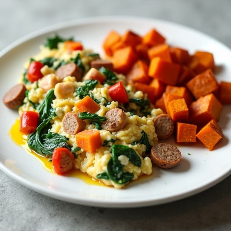 Egg White and Turkey Sausage Scramble with Spinach, Bell Pepper & Roasted Sweet Potatoes