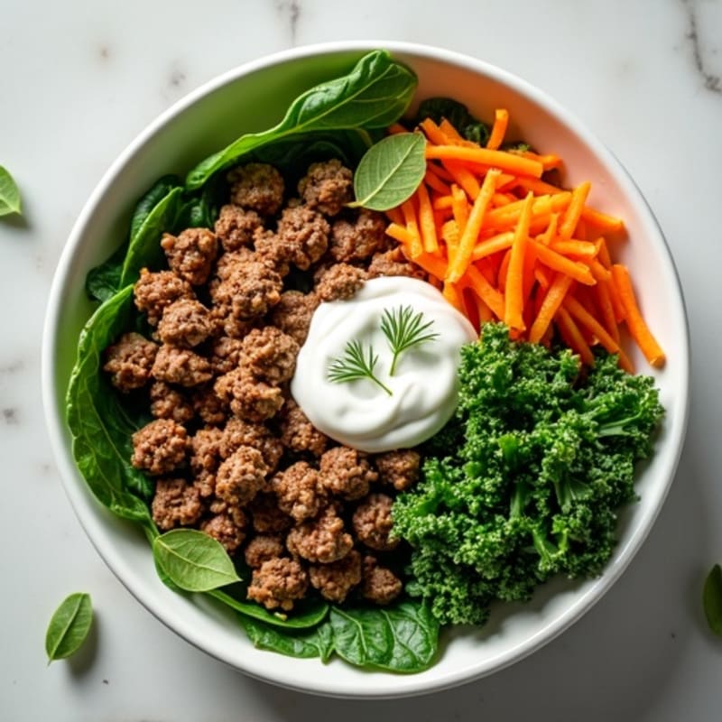 Lean Ground Beef Bowl with Crispy Greens and Tangy Dill Dressing