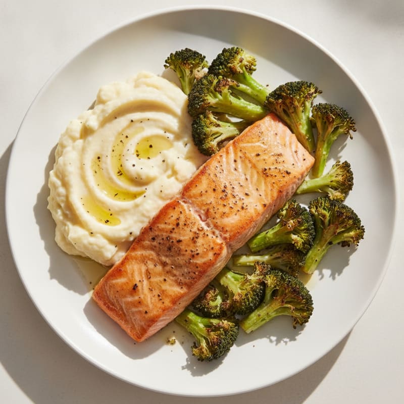 Seared Salmon Fillet with Roasted Broccoli and Garlic Mashed Cauliflower