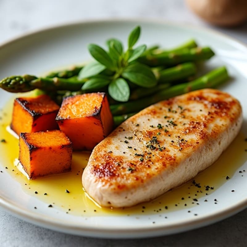 Seared Turkey Breast with Roasted Sweet Potatoes and Asparagus