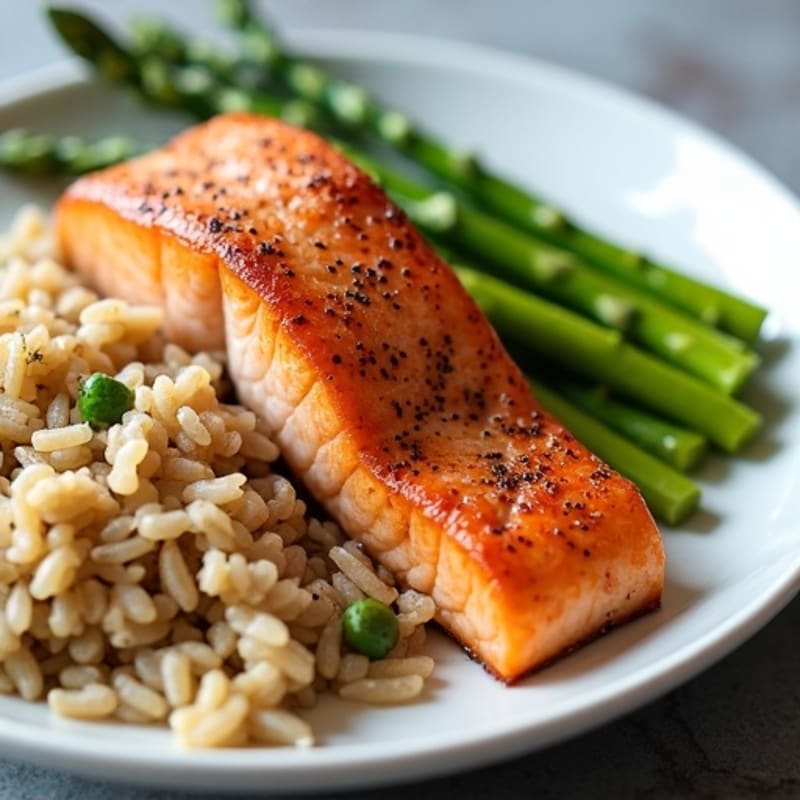 Seared Salmon Fillet with Steamed Asparagus and Brown Rice