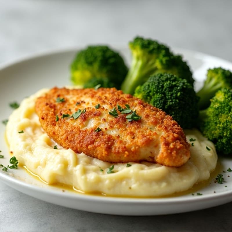 Crispy Baked Chicken Breast with Creamy Garlic Mashed Potatoes and Roasted Broccoli