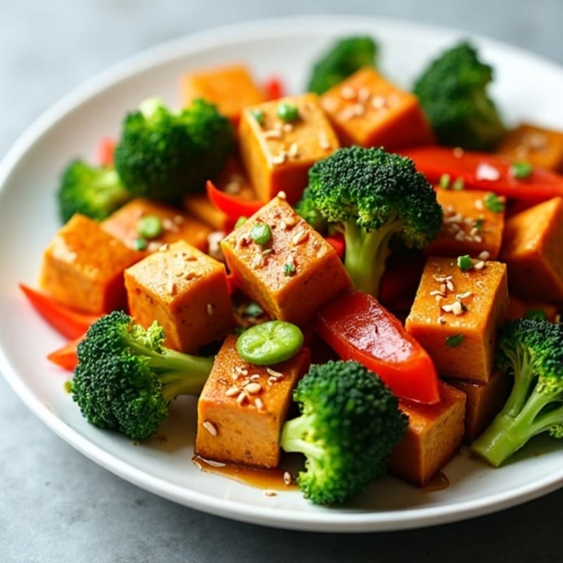 Crispy Sesame Tofu with Roasted Broccoli and Bell Peppers