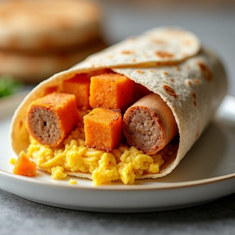 Crispy Sweet Potato, Egg, and Turkey Sausage Breakfast Burrito