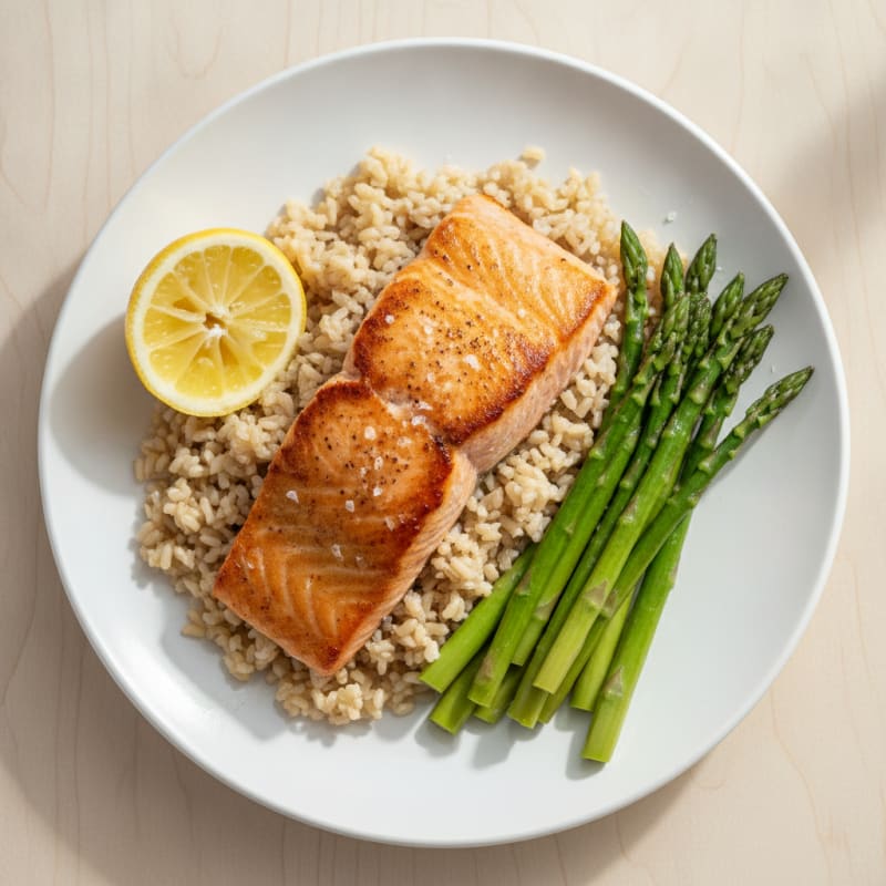 Seared Salmon with Brown Rice and Steamed Asparagus